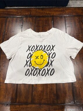 White Short-Sleeve Tee with Yellow Smiley Graphic